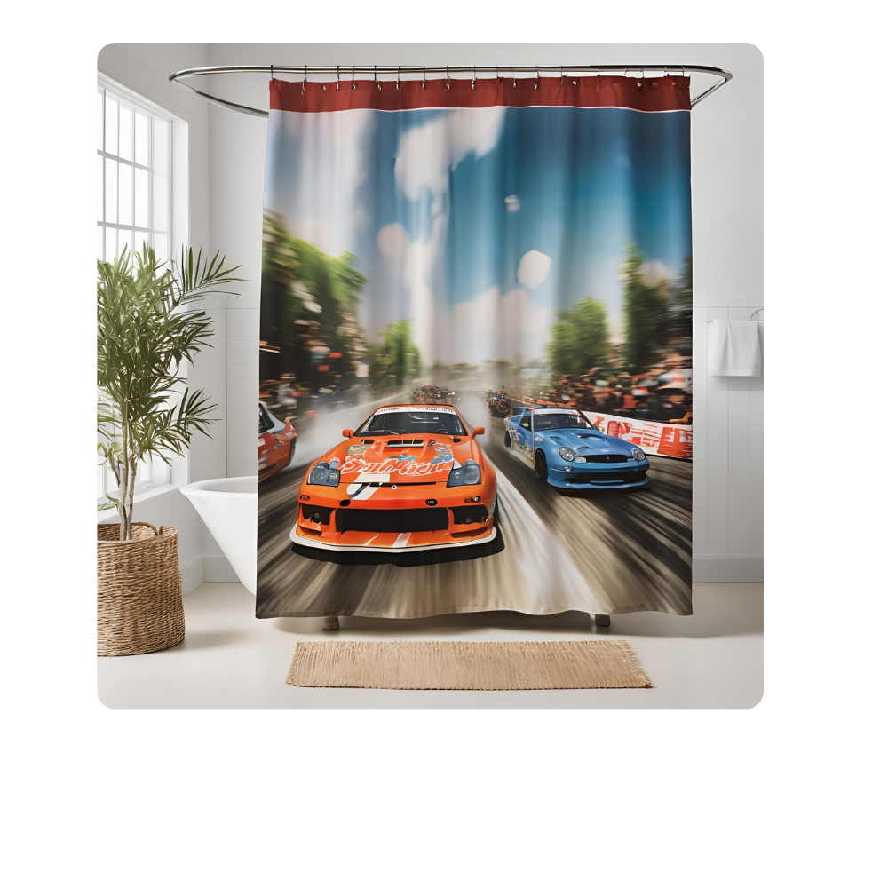Shower Curtains with drifting artwork or street racing scenes Carmune Collection